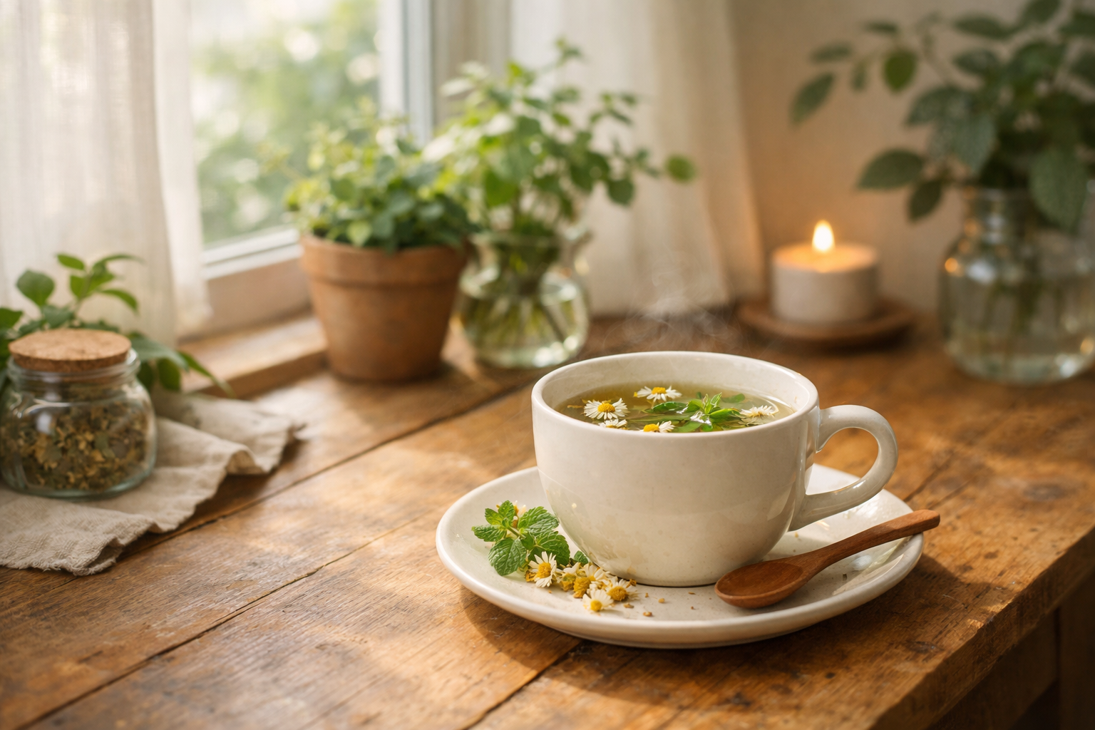 Peaceful morning scene with soft natural light, a cup of herbal tea on a wooden table near a window with green plants, minimalist cozy interior, warm atmosphere