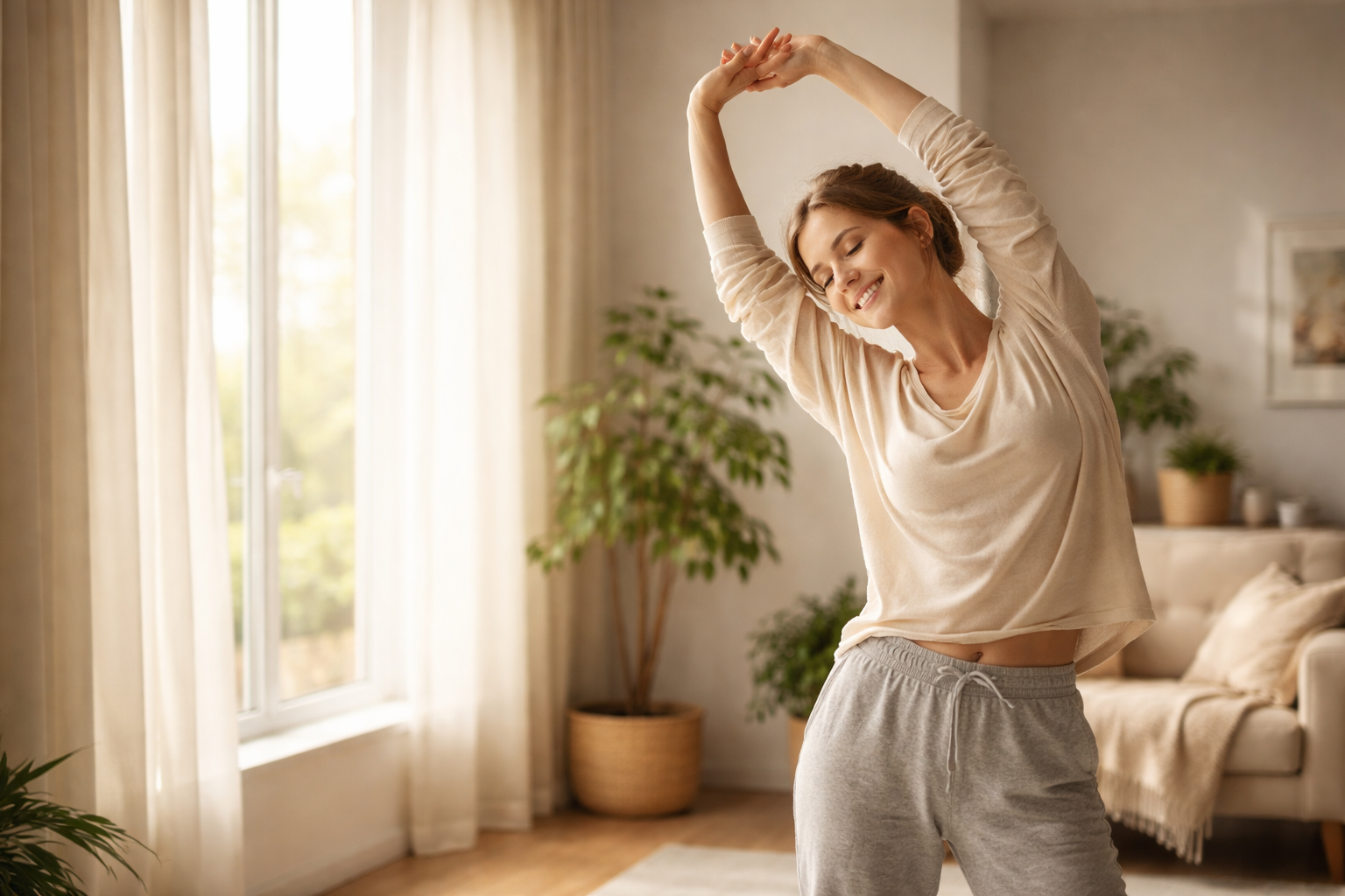 Person doing gentle morning stretching exercises near a window, soft natural light, comfortable casual clothing, calm relaxed atmosphere, wellness lifestyle